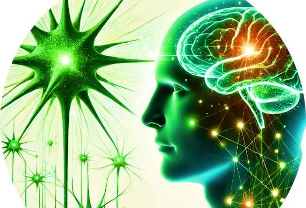 Therapeutic Touch bei Schmerz Menschliches Profil mit Gehirn und Neuronen in leuchtendem Grün.