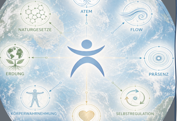 Therapeutic Touch und Energietraining Symbolischer Mensch im Zentrum eines Kreises mit verschiedenen Energie- und Heilungssymbolen.